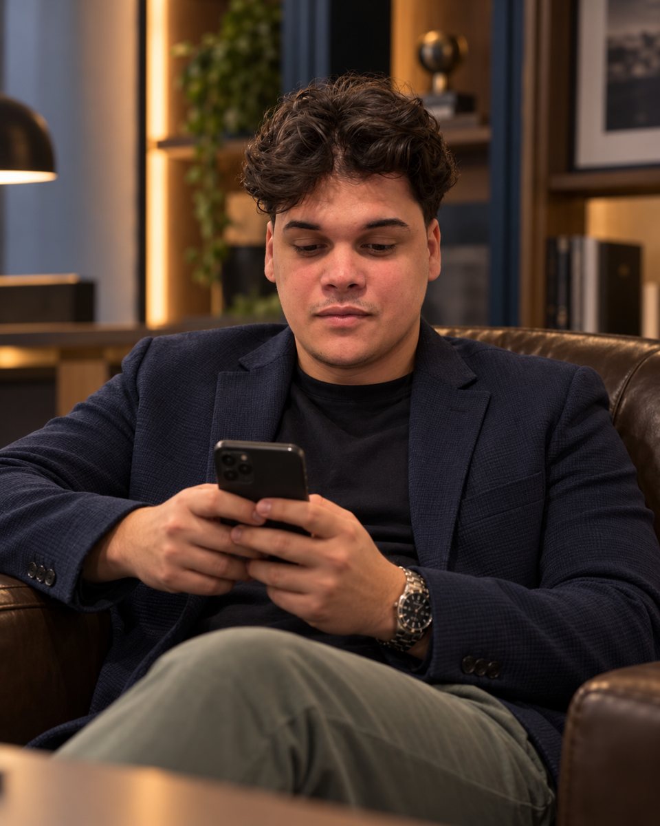 Eick, fundador, usando o celular em um escritório